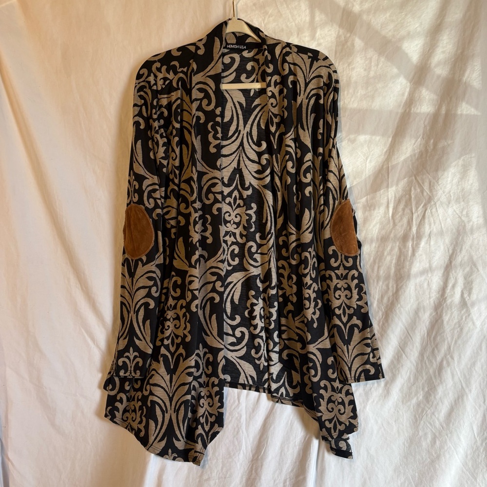 HEIMISH USA Black and Cream Cardigan with Brown elbow patches